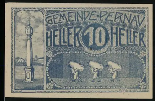 Notgeld Pernau 1921, 10 Heller, Säule und drei Figuren mit Säcken