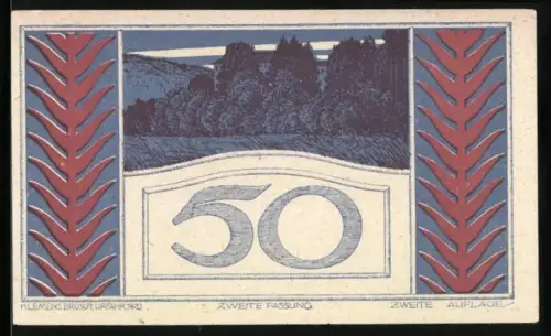 Notgeld Puchenau 1920, 50, Landschaft mit Bäumen und Ornamentrahmen