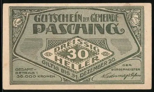 Notgeld Pasching 1920, 30 Heller, Obstbaum und Fabrik im Hintergrund