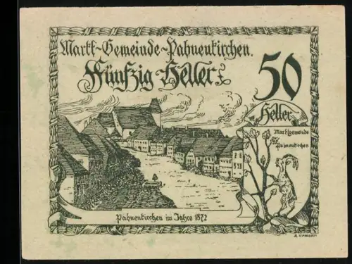 Notgeld Pabneukirchen 1920, 50 Heller, Ortsansicht im Jahre 1872 mit Fluss und Wappenmotiv