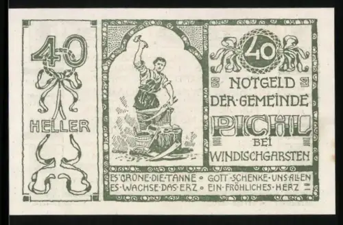 Notgeld Pichl bei Windischgarsten 1920, 40 Heller, Schmied mit Klinge und Spruchbandmotive