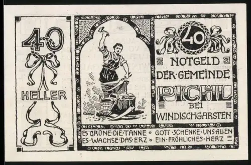 Notgeld Pichl bei Windischgarsten 1920, 40 Heller, Schmied-Motiv mit Spruchband