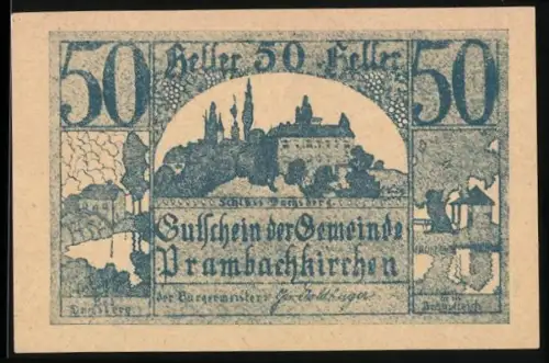 Notgeld Prambachkirchen 1920, 50 Heller, Schloss Dachsberg und Landschaftsmotiv