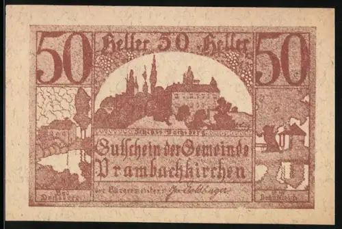 Notgeld Prambachkirchen 1920, 50 Heller, Schloss Dachsberg und Landschaftsmotiven