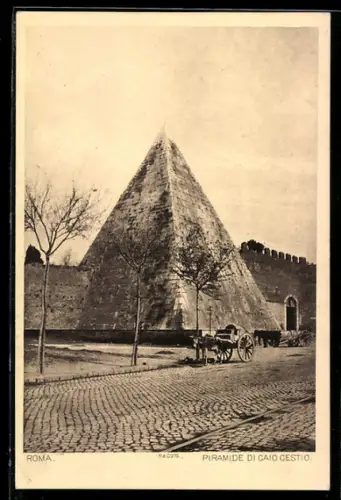 AK Roma, Piramide di Caio Cestio con strada acciottolata e carretta