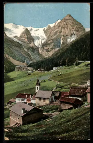 AK Trafoi, Vista del villaggio alpino con chiesa e montagne innevate sullo sfondo