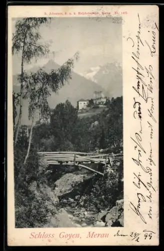AK Merano, Schloss Goyen con ponte di legno e montagna sullo sfondo