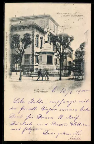 AK Milano, Monumento a Cesare Beccaria con alberi e persone passeggiando