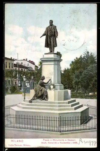 AK Milano, Piazza e Monumento a Cavour, Scult. Tabacchi e Tantardini, 1865
