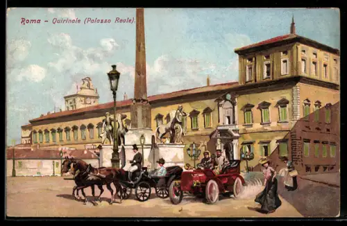 AK Roma, Quirinale, Palazzo Reale con carrozze e automobili d`epoca davanti all`obelisco