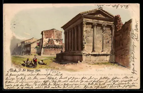 Lithographie Roma, Tempio della Fortuna e casa del Cola di Rienzo