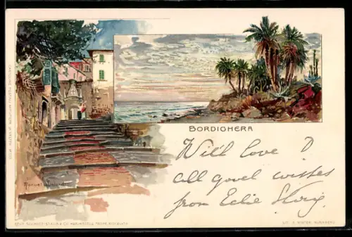 Lithographie Bordighera, Vista di una scalinata e palme sul mare al tramonto