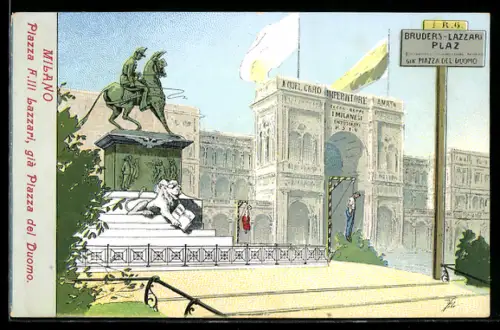 Künstler-AK Milano, Piazza F.lli Lazzari, già Piazza del Duomo, statua e ingresso alla Galleria Vittorio Emanuele II