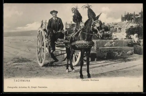AK Taormina, Carretto Siciliano con cavallo decorato su strada sterrata