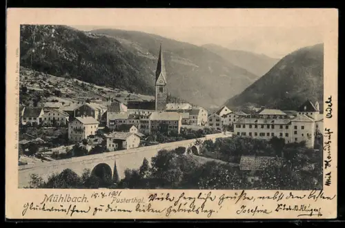 AK Mühlbach /Pusterthal, Vista panoramica del paese con chiesa e montagne sullo sfondo