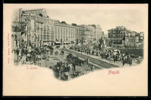 AK Napoli, S. Lucia, Vivace scena di strada con carrozze e pedoni