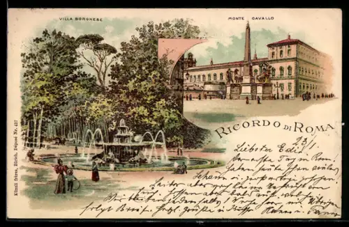 Lithographie Roma, Villa Borghese e Monte Cavallo con fontana e obelisco, Ricordo di Roma