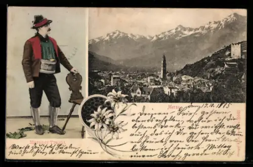 AK Merano, Panorama con uomo in costume tradizionale e fiori di montagna