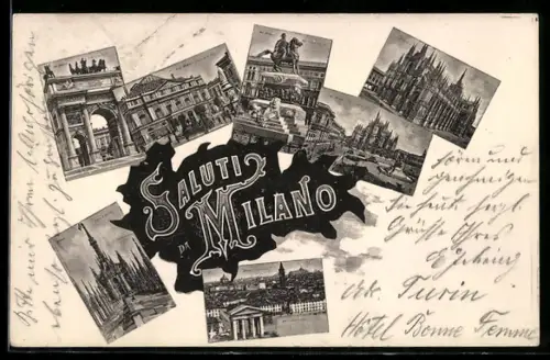 AK Milano, Saluti da Milano con collage di monumenti famosi