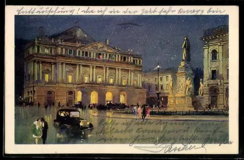 AK Milano, Piazza e Teatro della Scala di notte con auto e passanti