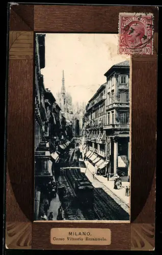 AK Milano, Corso Vittorio Emanuele, vista del Duomo con tram e dettagli architettonici
