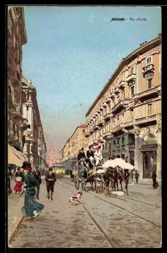 AK Milano, Via Dante con carrozza trainata da cavalli e pedoni sullo sfondo del Castello Sforzesco