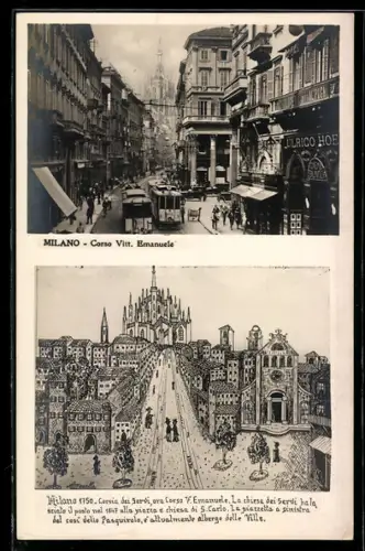 AK Milano, Corso Vitt. Emanuele con tram e vista del Duomo, Milano 1750