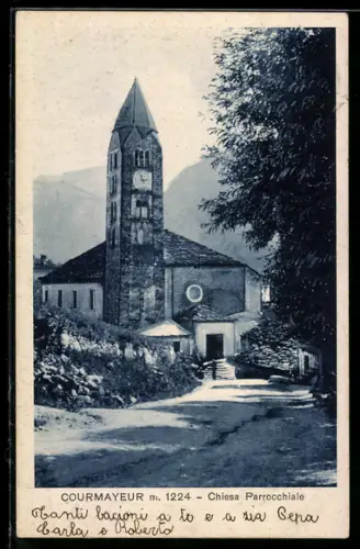 AK Courmayeur, Chiesa Parrocchiale con montagna sullo sfondo