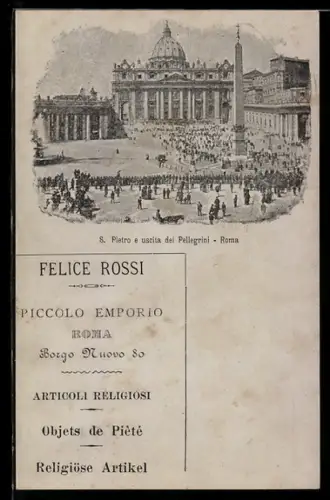 AK Roma, S. Pietro e uscita dei Pellegrini, Werbung Devotionaliengeschäft Felice Rossi