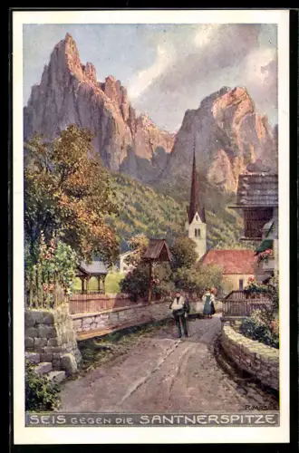 Künstler-AK Seis, Vista verso la Santnerspitze con chiesa e strada di campagna
