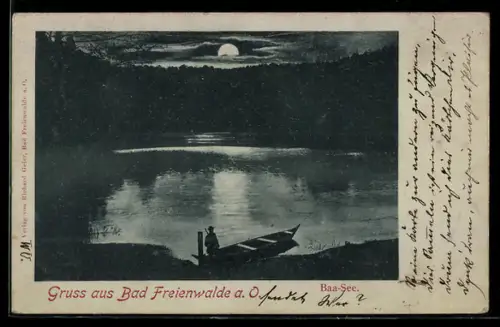 Mondschein-AK Bad Freienwalde a. O., Baa-See mit Boot