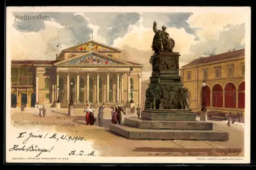 Künstler-Lithographie München, Residenzplatz mit Hoftheater