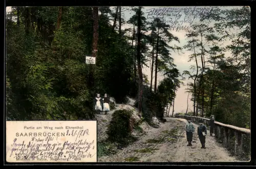 AK Saarbrücken, Partie am Weg nach Ehrentahl mit Spaziergängern