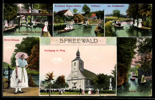 AK Burg, Forsthaus Kanno-Mühle, Spreewälderin in Tracht und Kirchgang in Burg
