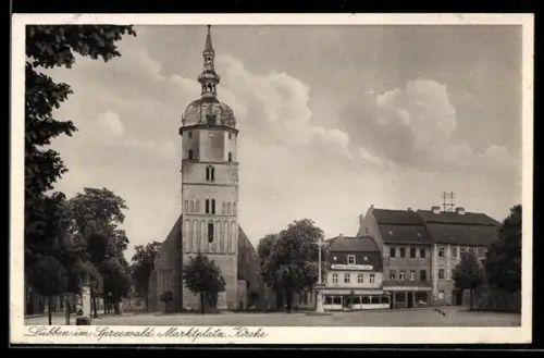 AK Lübben / Spreewald, Marktplatz mit Seidels Cafe und Kirche