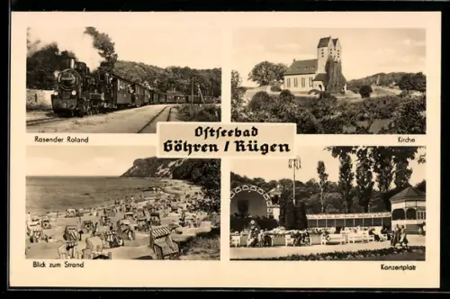AK Göhren /Rügen, Rasender Roland, Kirche, Konzertplatz, Strand
