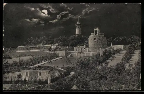 AK Brandenburg a. H., Bismarckwarte und Kriegerdenkmal bei Mondschein