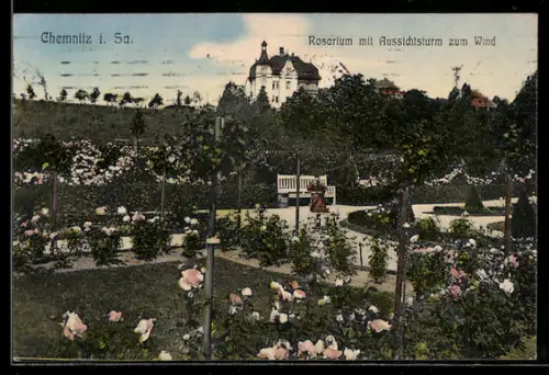 AK Chemnitz i. Sa., Rosarium mit Aussichtsturm zum Wind