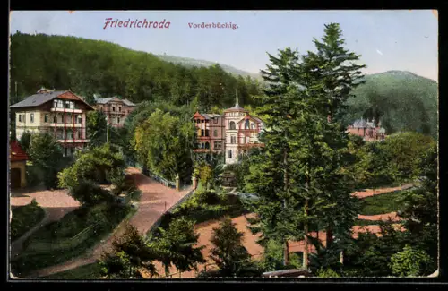 AK Friedrichroda, Vorderbüchig, Wohnhäuser am bewaldetem Hang