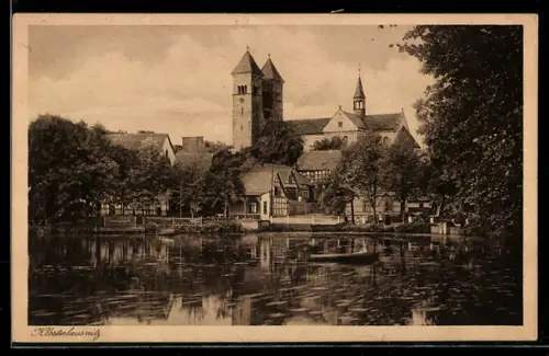 AK Bad Klosterlausnitz, Kahnpartie auf dem Klosterteich mit Blick nach der Kirche