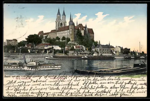 AK Meissen, Albrechtsburg mit Dampfer Meissen