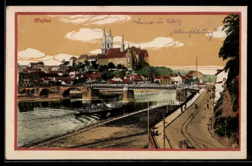AK Meissen, Schloss mit Brücke und Strassenpartie