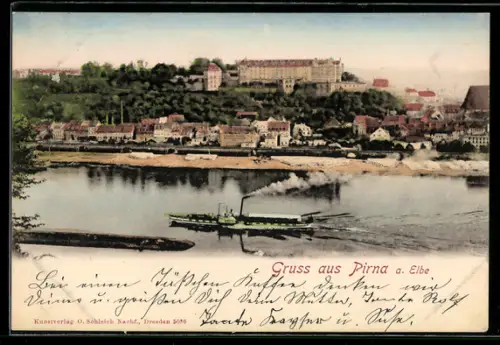 AK Pirna, Blick über die Elbe auf das Schloss