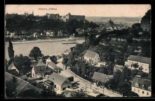 AK Pirna, Strassenpartie mit Blick zum Schloss