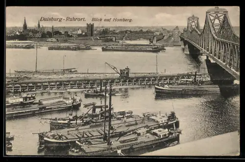 AK Duisburg-Ruhrort, Blick auf Homberg mit Brücke