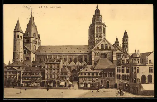AK Mainz, Strassenpartie mit Dom und Geschäften