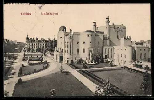 AK Cottbus, Stadttheater mit Strassenpartie