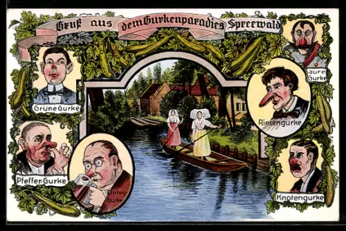 AK Portraits von Spreewälder Männer die Gurkennasen haben und zwei Damen auf einem Boot in Trachten