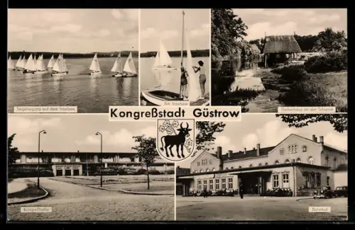 AK Güstrow, Inselsee, Bahnhof, Kongresshalle, Fischerhaus an der Schanze