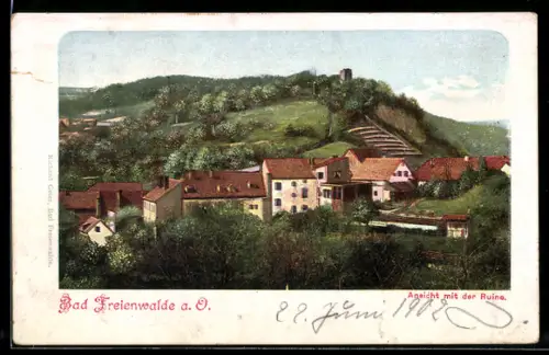Künstler-AK Bad Freienwalde a. O., Ansicht mit der Ruine